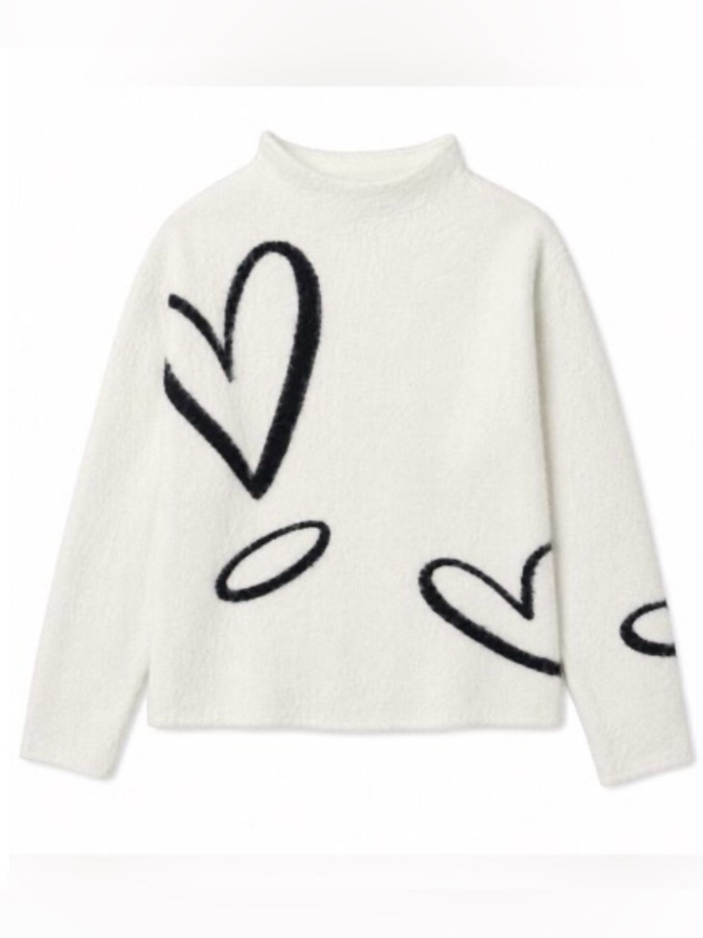 Rachel Zoe White Fuzzy Soft Sweater with Black Heart Motifs, New With Tags NWT